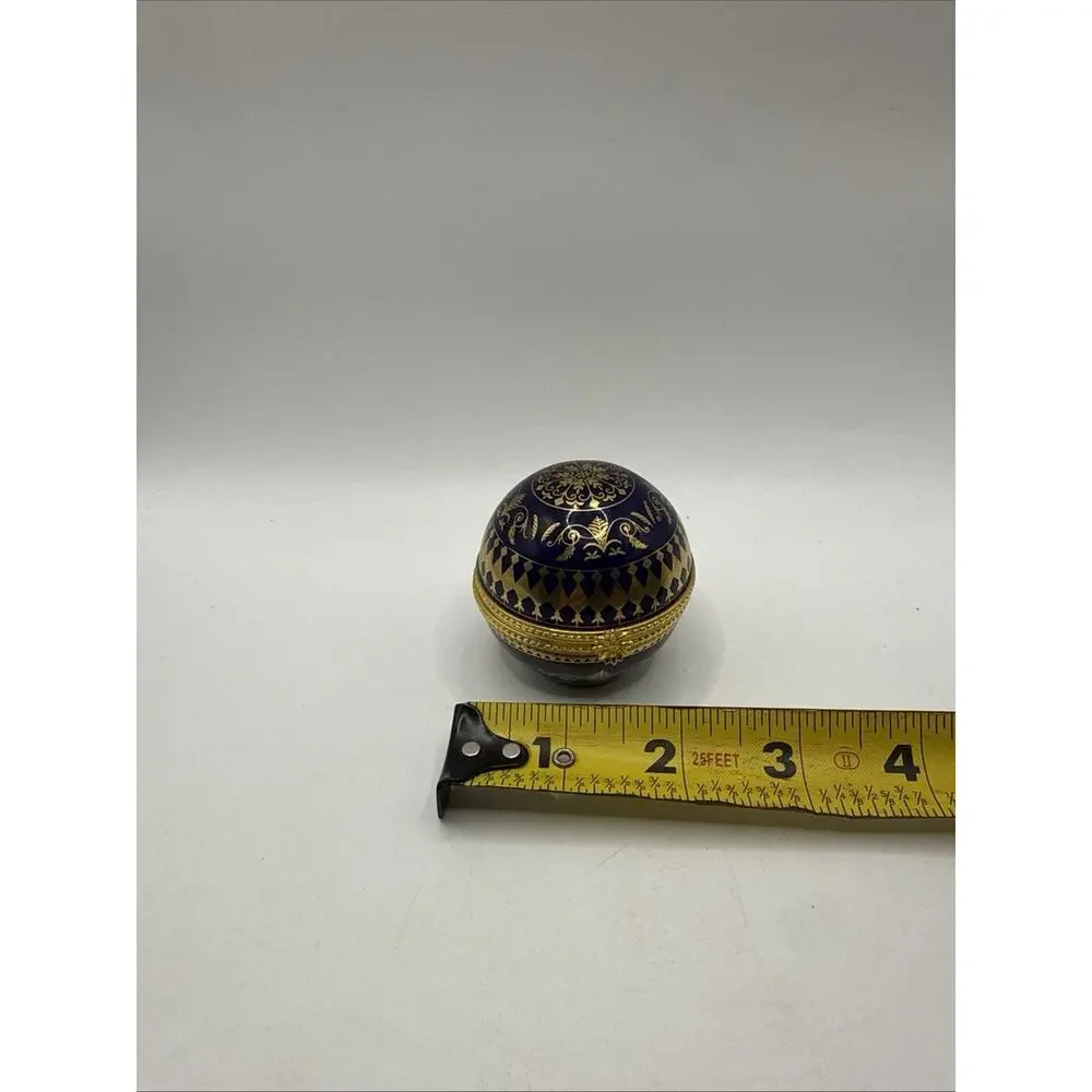 Vintage Estee Lauder Cobalt Blue Ball Trinket Box Gold Accents *
